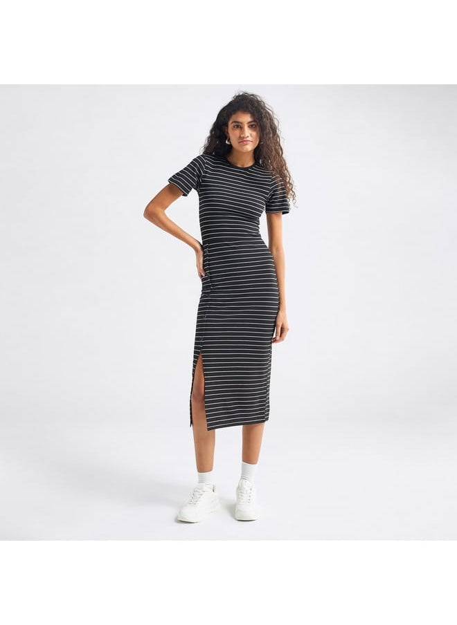 FAV Striped Midi Dress with Round Neck and Slit Detail  - Image 2