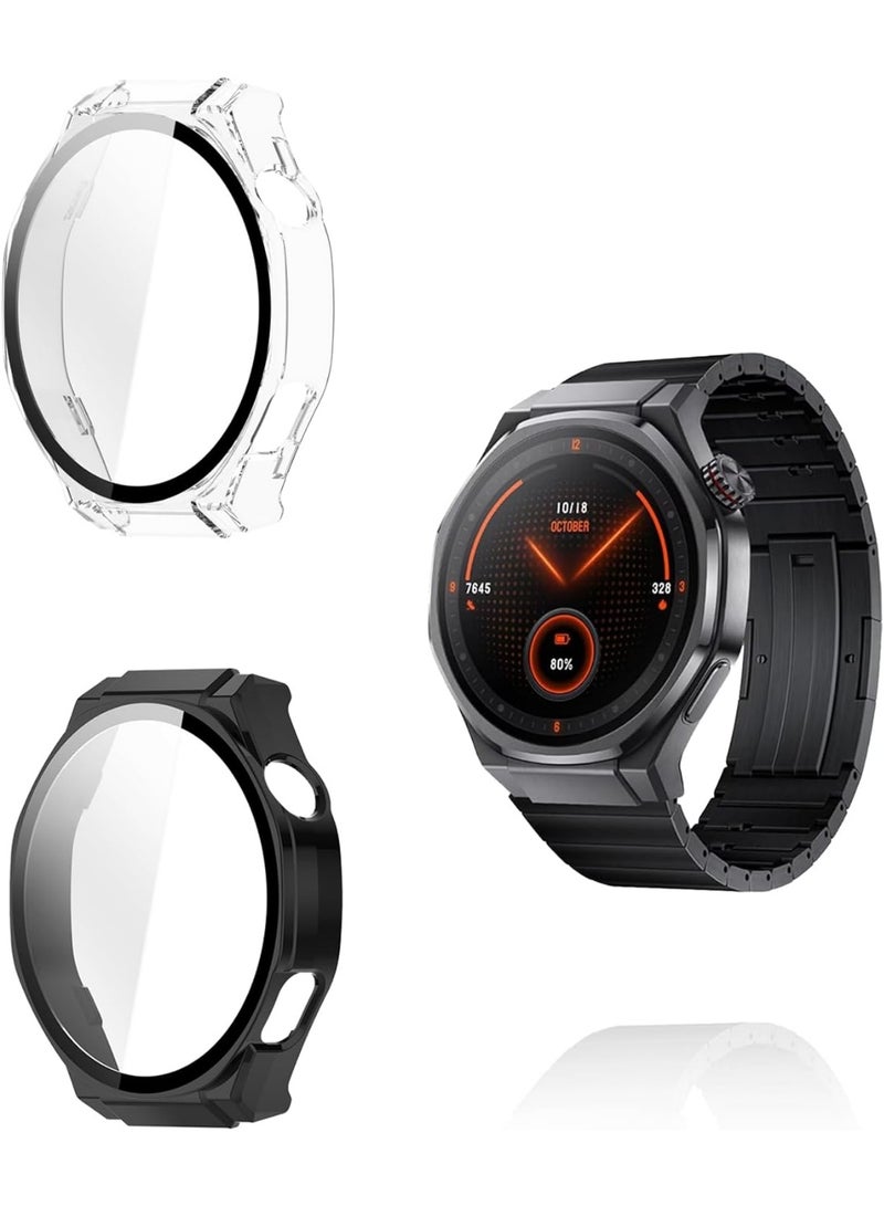 (طقم قطعتين) غلاف واقي لساعة HONOR Watch 5 Ultra الذكية - غلاف صلب من مادة PC مع واقي شاشة زجاجي مقوى 9H، بتصميم متكامل وكامل التغطية، باللونين الأسود والشفاف. - Image 1