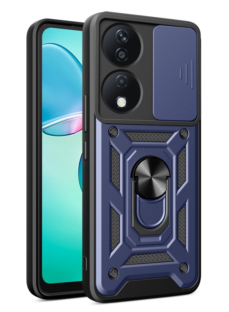 Shunjia Sliding Window Case, Shockproof Rugged Armor with Sliding Camera Cover & 360° Ring Kickstand, Compatible with Honor X7b (Blue)