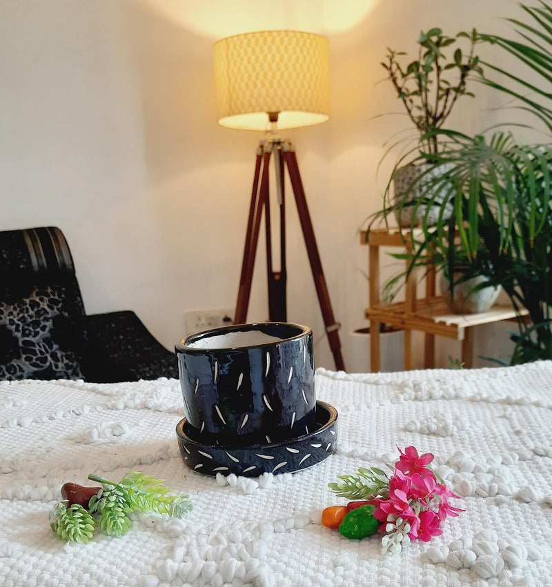 Niyara Small Bowl with Tray Design Ceramic Pots for Indoor Plants,Succulents Planters,for Indoor,Outdoor,Balcony,Home,Garden,Office,Succulent Pot (Color:Black)(L:13 cm, W:13 cm, H:13 cm) - Image 3