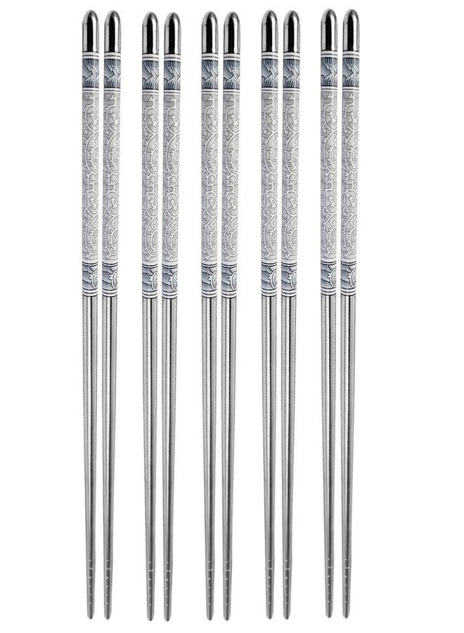 Aider Stainless Steel Round Chopstick Dishwasher Safe Lightweight Easy to Use Metal Chop Stick Utensils, Grey and White Porcelain Pattern Non-Slip Chopsticks Tableware Set, Reusable (5 Pairs Set) - Image 1