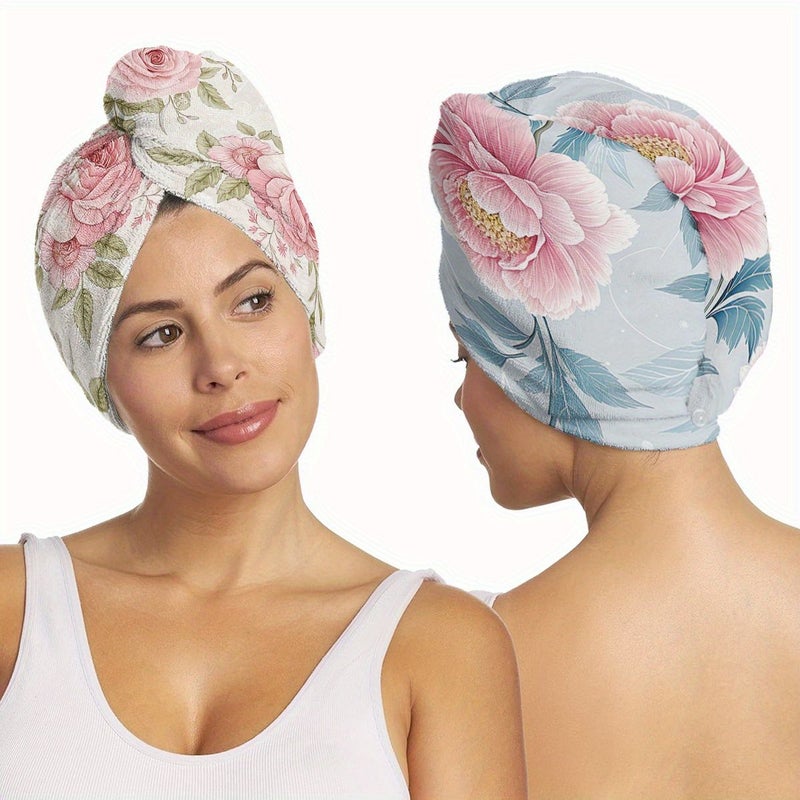 1Pc Women S Spring Floral Pattern Quick Dry Hair Cap With Buttons Highly Absorbent Hair Towel For Wet Long Hair Salon And Home Use Bathroom Essentials Must Have For Spring And Summer - Image 2