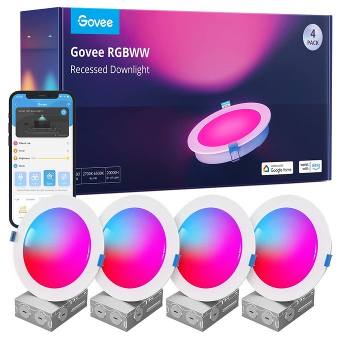 SMART RECESSED LIGHTING 6 INCH WIFI BLUETOOTH DIRECT CONNECT RGBWW LED DOWNLIGHT 65 SCENE MODE CANLESS RECESSED LIGHT WORK WITH ALEXA GOOGLE ASSISTANT WITH JUNCTION BOX 1100 LUMEN 4 PACK