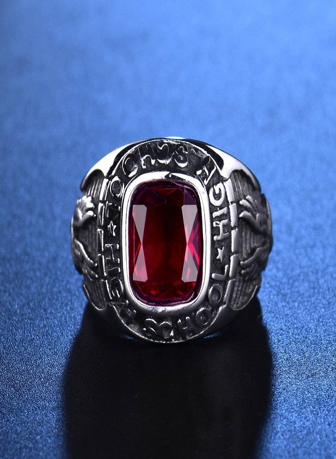 MASOP Mens Stainless Steel Eagle Ring with Red Ruby Color Stones Engraved High School Size 10 - Image 3