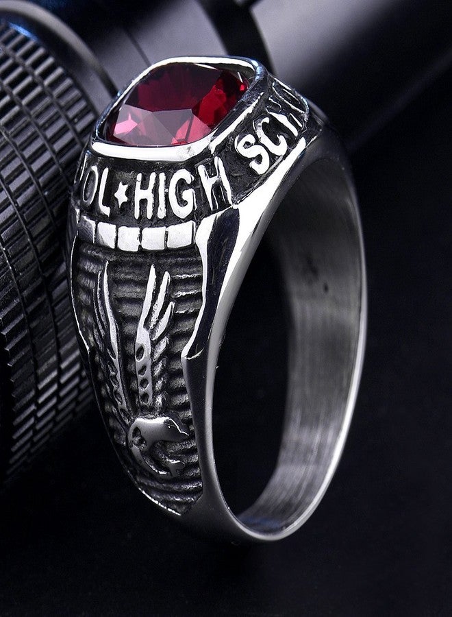 MASOP Mens Stainless Steel Eagle Ring with Red Ruby Color Stones Engraved High School Size 10 - Image 5
