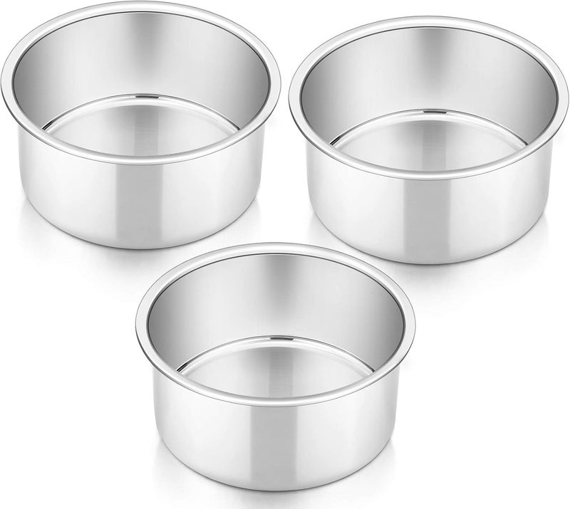 P&P CHEF طقم قوالب كيك دائرية 4 بوصة من 3 قطع، قوالب خبز دائرية من الفولاذ المقاوم للصدأ لعمل كعكة عيد ميلاد متعددة الطبقات، تناسب الفرن/الأواني/طباخ الضغط، مانعة للتسرب وآمنة في غسالة الصحون، فضي - Image 1