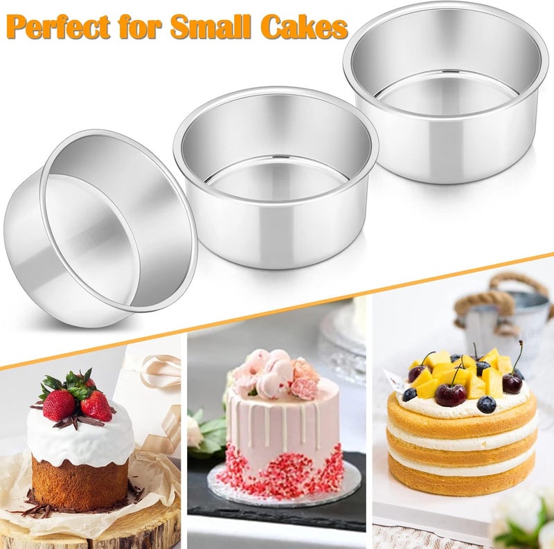 P&P CHEF طقم قوالب كيك دائرية 4 بوصة من 3 قطع، قوالب خبز دائرية من الفولاذ المقاوم للصدأ لعمل كعكة عيد ميلاد متعددة الطبقات، تناسب الفرن/الأواني/طباخ الضغط، مانعة للتسرب وآمنة في غسالة الصحون، فضي - Image 4