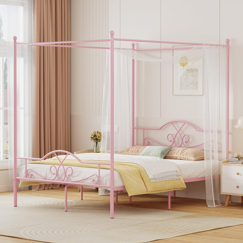 Weehom Full Canopy Bed Frame with Headboard and Footboard FourPoster Metal Canopied Platform Bed Mattress Foundation Underbed Storage Space No Box Spring Needed for Girls Adults Pink
