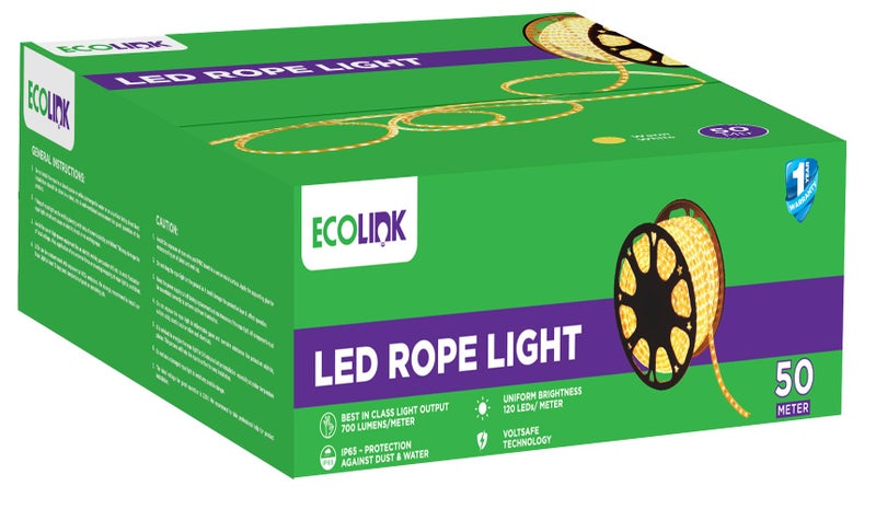 EcoLink 50 Meter Warm White LED Rope Light | For False Ceiling, Balcony, Diwali & Christmas | 120 LED/Meter Flexible Rope Light - Image 2