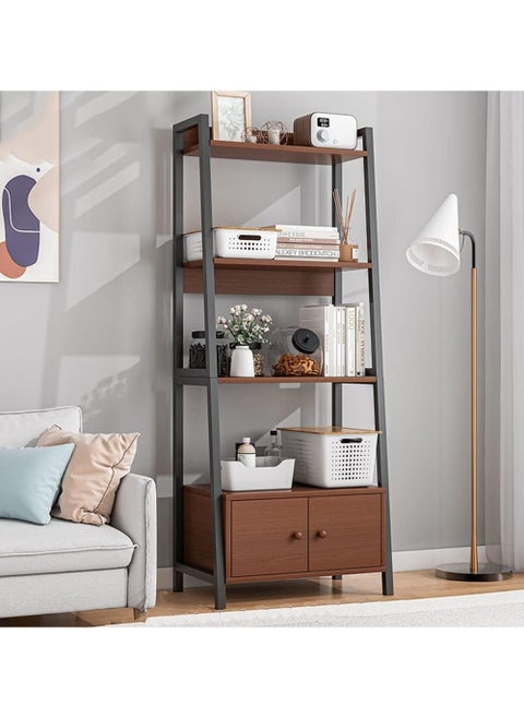4 Tier Bookcase Shelf with Drawer, Metal Frame Organizer, Display Case with Cabinet Door and Pull Handle for Study Room, Bedroom, Wooden Cube Bookshelf for Home Office School Library (Brown)