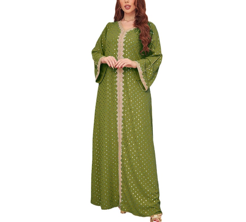 FPOVFPO Womens Muslim Abaya One-Piece V Neck Bronzing Dress Islamic Full Length Kaftan Daily Casual Dress Army Green - Image 3