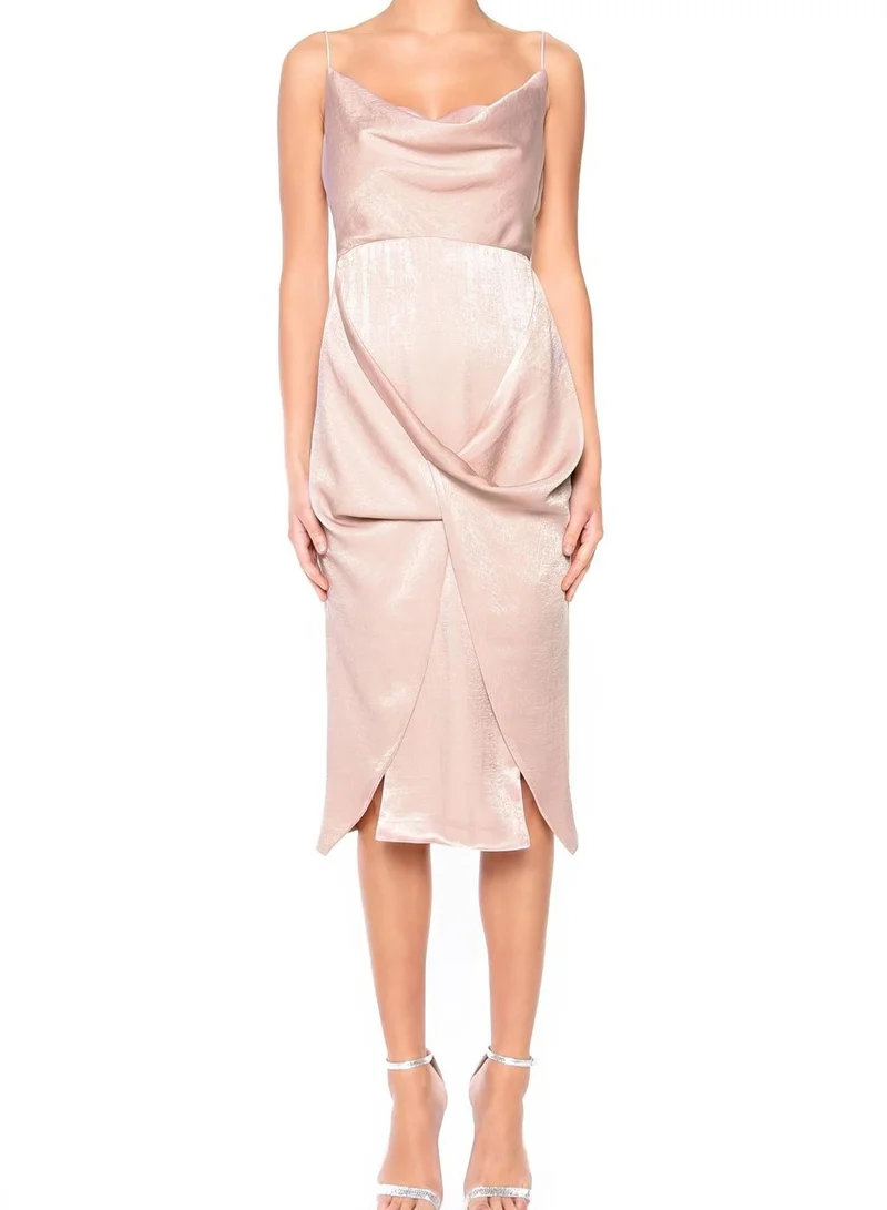 True Decadence Lyra Silvery Pink Cowl Neck Draped Midi Dress