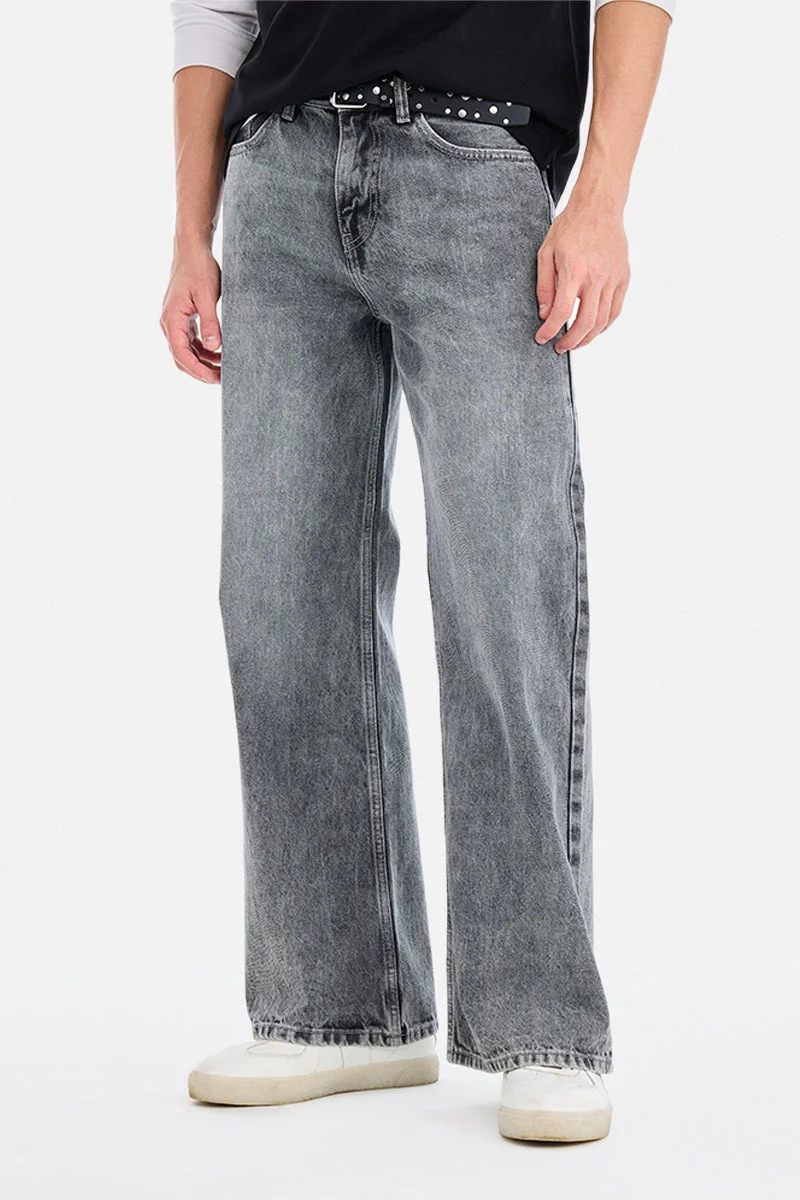 Grey Solid Flared Fit Streetwear Jeans