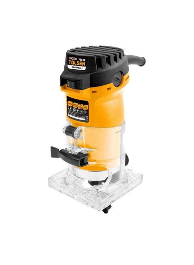 Tolsen 500W Industrial Laminate Trimmer & Wood Router - 33500 RPM High-Speed Motor - 6mm (1/4") Chuck Diameter - Transparent Base with Graduated Depth Scale - 79536