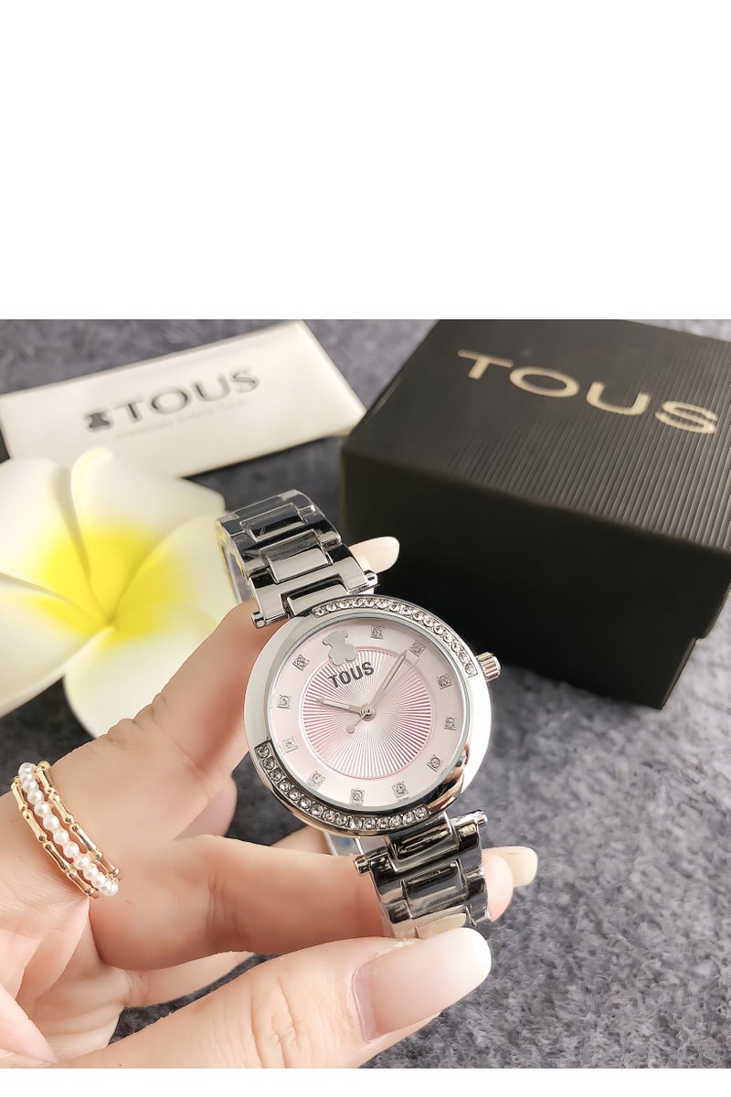 TOUS Silver - Tone Watch: Diamond Bezel Pink Bear Dial