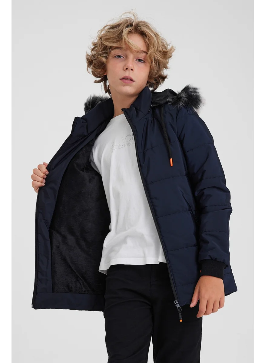 Sivaist Navy Blue Boy Water and Windproof Hooded Washable Fur Lined Coat & Overcoat