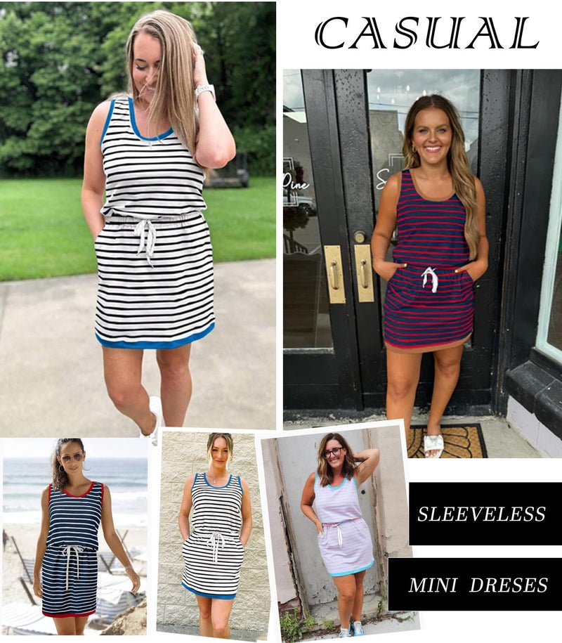 Yousify Summer Mini Dresses for Women Crew Neck Color Block Striped Dress Tie Waist Casual Sleeveless Mini Tank Dress White M - Image 4