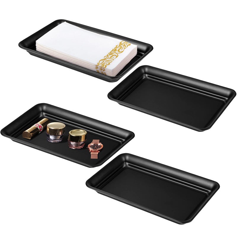Vintage Farmhouse Decor Metal Vanity Tray4 Pack Countertop Guest Hand Towel Paper Storage Organizer Tray Dispenser Sturdy Holder for Perfume Cosmetics Jewelry Makeup Bathroom Organizer Black