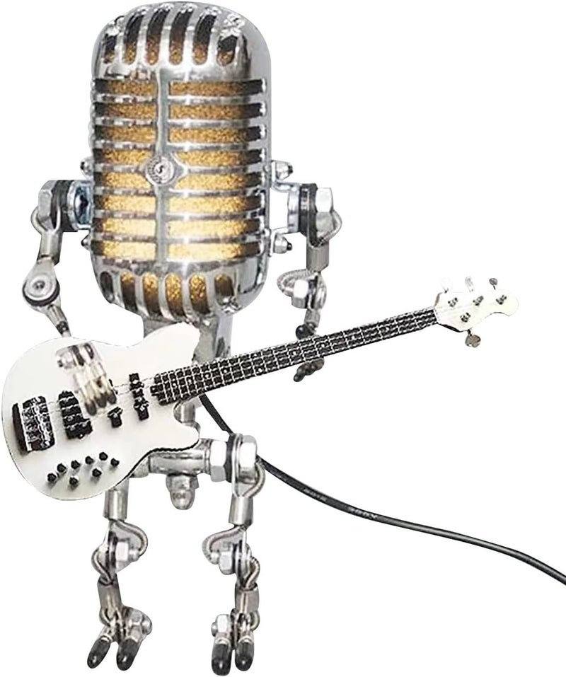 comfrt Vintage Microphone Robot Desk Lamp, Metal Microphone Robot Lamp with Mini Guitar, Vintage Light Home Decor Nightstand Desk Lamp for Bedroom, Bar, Restaurant - Image 2