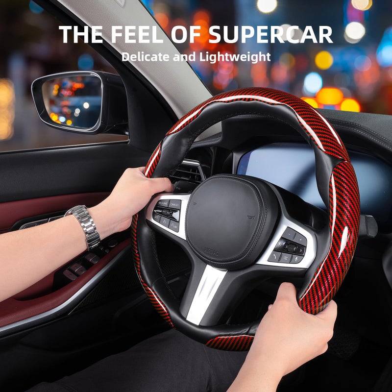 Aimato Carbon Fiber Steering Wheel Covers 3 Piece Clip on Steering Wheel Cover (Red) - Image 2