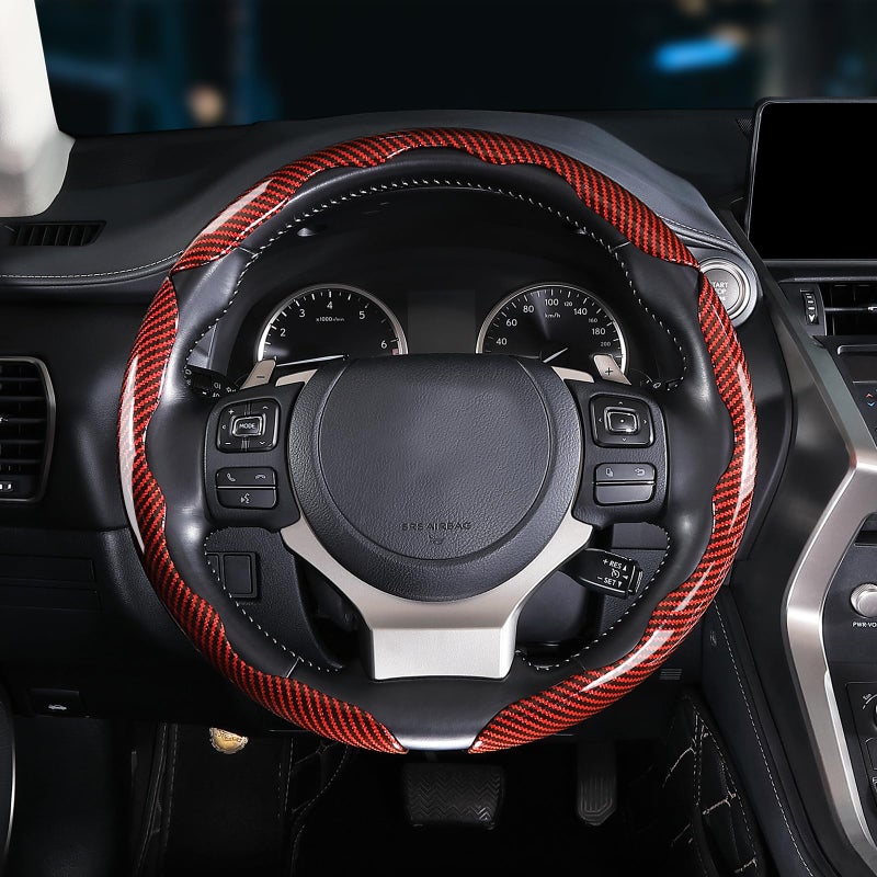Aimato Carbon Fiber Steering Wheel Covers 3 Piece Clip on Steering Wheel Cover (Red) - Image 5