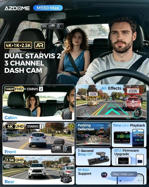 AZDOME M550 Max 4K 3 Channel Dash Cam, Dual STARVIS Sensors, 4K+2.5K+1080P Front and Rear Inside Triple Car Camera, Built-in WiFi GPS, 64GB Card Included, IR Night Vision, Ride Share Accessories - Image 2