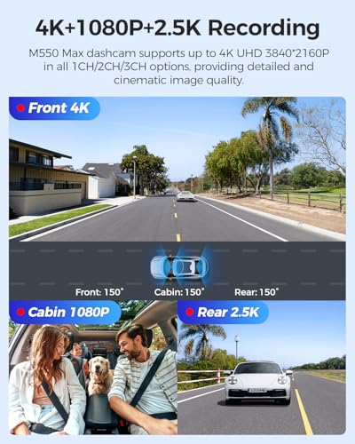AZDOME M550 Max 4K 3 Channel Dash Cam, Dual STARVIS Sensors, 4K+2.5K+1080P Front and Rear Inside Triple Car Camera, Built-in WiFi GPS, 64GB Card Included, IR Night Vision, Ride Share Accessories - Image 4
