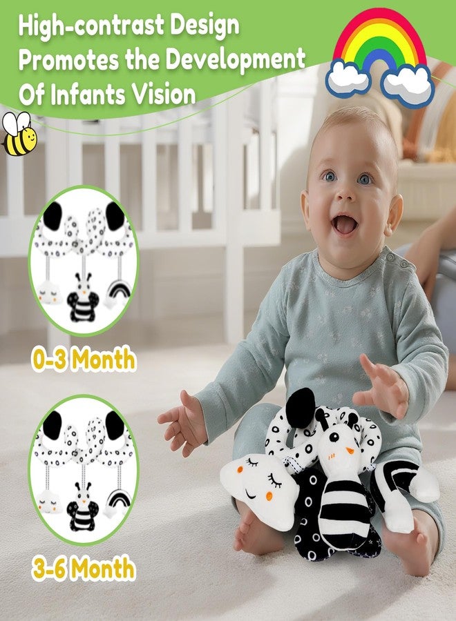 kizh Baby Hanging Stroller and Car Seat Toys High Contrast Baby Toys for Newborn Black and White Sensory Plush Activity Toys for Babies 0-6 Months-BEE - Image 4