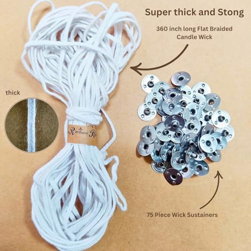 R Wellness Candle Wicks for Candle Making, 360 Inch Long Flat Braid Super Thick with 75 Piece Sustainers for Bigger Diameter Candle - Image 2