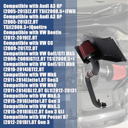 VVORHSBELL Turbo Cold Air Intake Kit Compatible with GTI MK5(06-09) A3 8P (05-13)2.0T TSI Golf MK6 1.8T/2.0T(11-14) MK6.5 1.8T/2.0T(15-18) Passat B7 1.8T (12-19 manual) VW CC2.0T (09-17) - Image 2