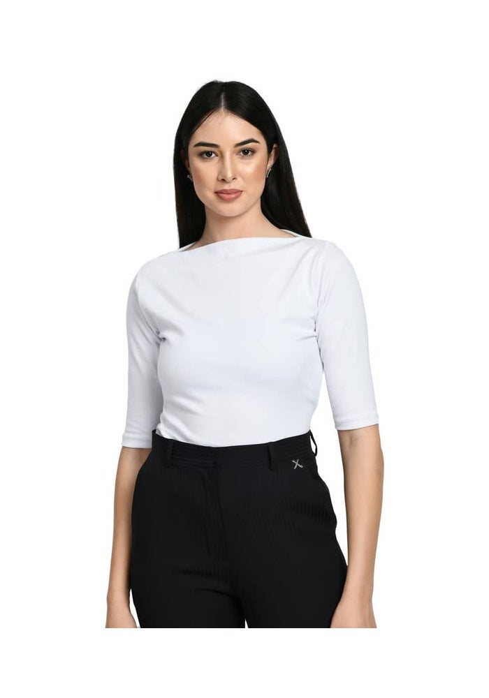 Exude White Boat Neck T-Shirt for Women - Image 1
