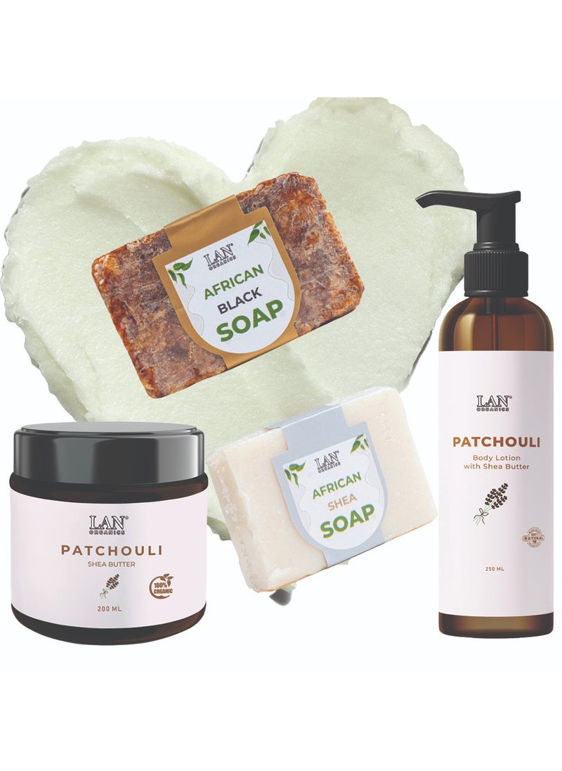 LAN ORGANICS - Patchouli and Shea Butter Natural Lotion Set 250ml with Shea Butter with Patchouli Extract 200ml with African Shea Butter Soap 120g with Natural African Black Soap 120g - Image 1