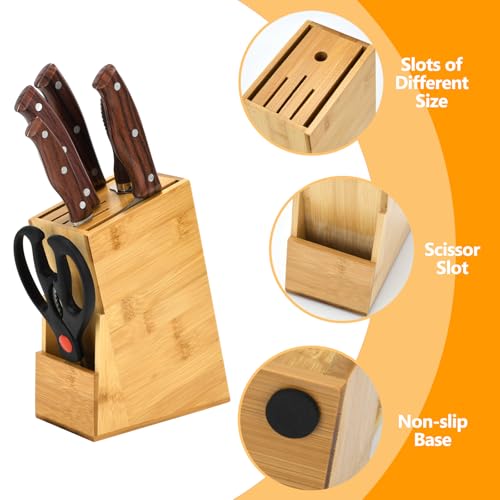 BSDLZCH Wood Knife Block, Kitchen Knife Holder Countertop 6 Slots Knife Block with Scissors Slot Kitchen Knife Set for Knife, Scissor, Sharpenner Knife Organizer - Image 3
