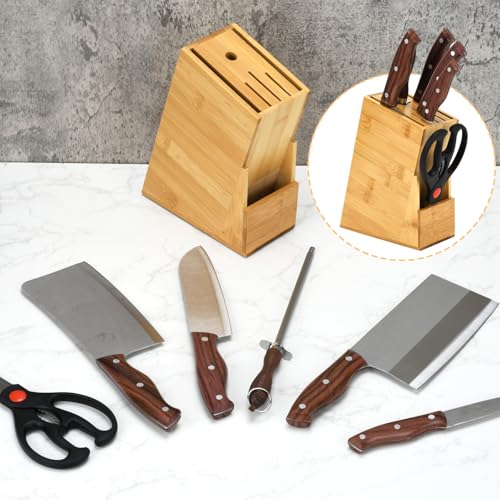 BSDLZCH Wood Knife Block, Kitchen Knife Holder Countertop 6 Slots Knife Block with Scissors Slot Kitchen Knife Set for Knife, Scissor, Sharpenner Knife Organizer - Image 5