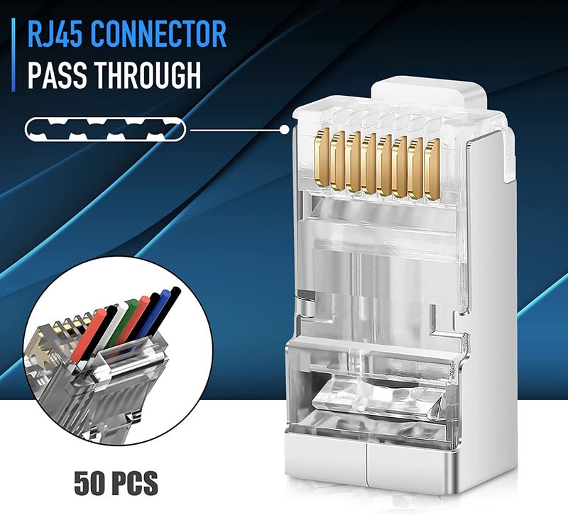 SETH ENTERPRISES Shielded RJ45 Cat6 Cat 6A Connectors - Pass Through Connector Gold Plated 3 Prong 8P8C Modular Plugs for FTP/STP Stranded Ethernet Cable & Solid Wire 23AWG (50pcs pack) - Image 2