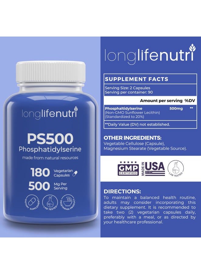 LongLifeNutri Phosphatidylserine Pure 500mg – 180 Vegetarian Pills, 3-Month Supply, Supplement for Strengthening Memory, Focus & Cognitive Function, Made in USA, Lab Tested, Soy Free, Non GMO - Image 2