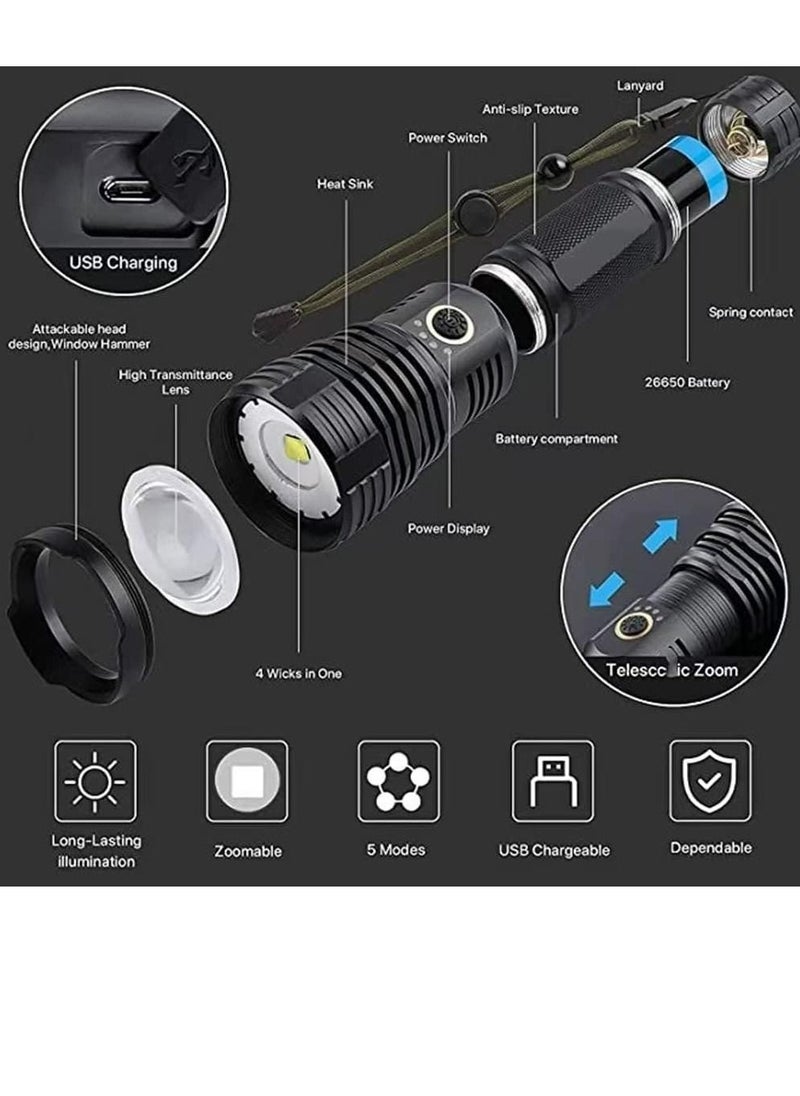 COOLBABY Rechargeable LED Torch High Lumen 90000 Lumen Super Bright Tactical Torch With 5 Light Modes And 26650 Battery Zoom Waterproof Torch With Zoom For Hiking Camping Ride Or Emergency (Black)