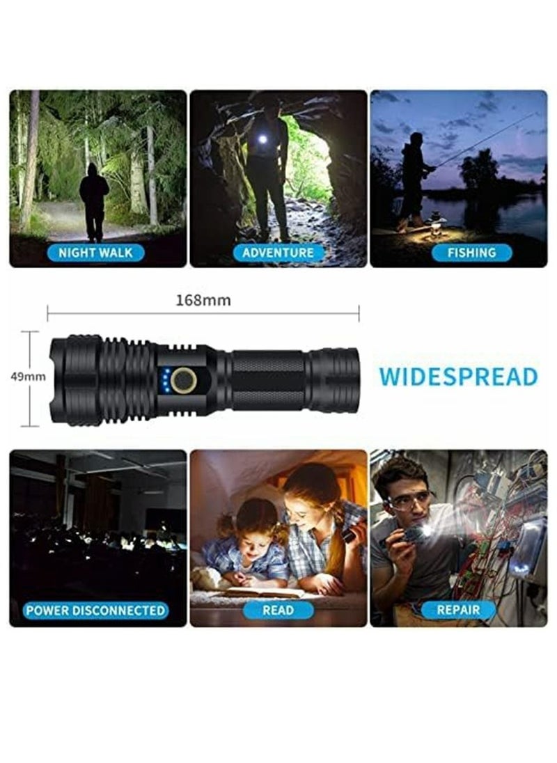 COOLBABY Rechargeable LED Torch High Lumen 90000 Lumen Super Bright Tactical Torch With 5 Light Modes And 26650 Battery Zoom Waterproof Torch With Zoom For Hiking Camping Ride Or Emergency (Black)