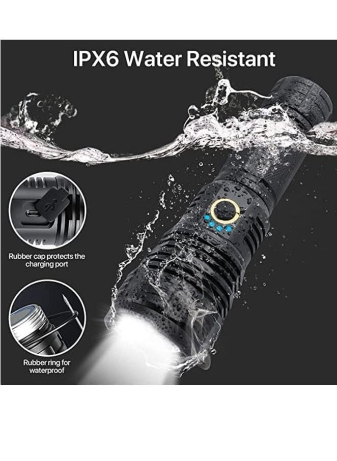 COOLBABY Rechargeable LED Torch High Lumen 90000 Lumen Super Bright Tactical Torch With 5 Light Modes And 26650 Battery Zoom Waterproof Torch With Zoom For Hiking Camping Ride Or Emergency (Black)