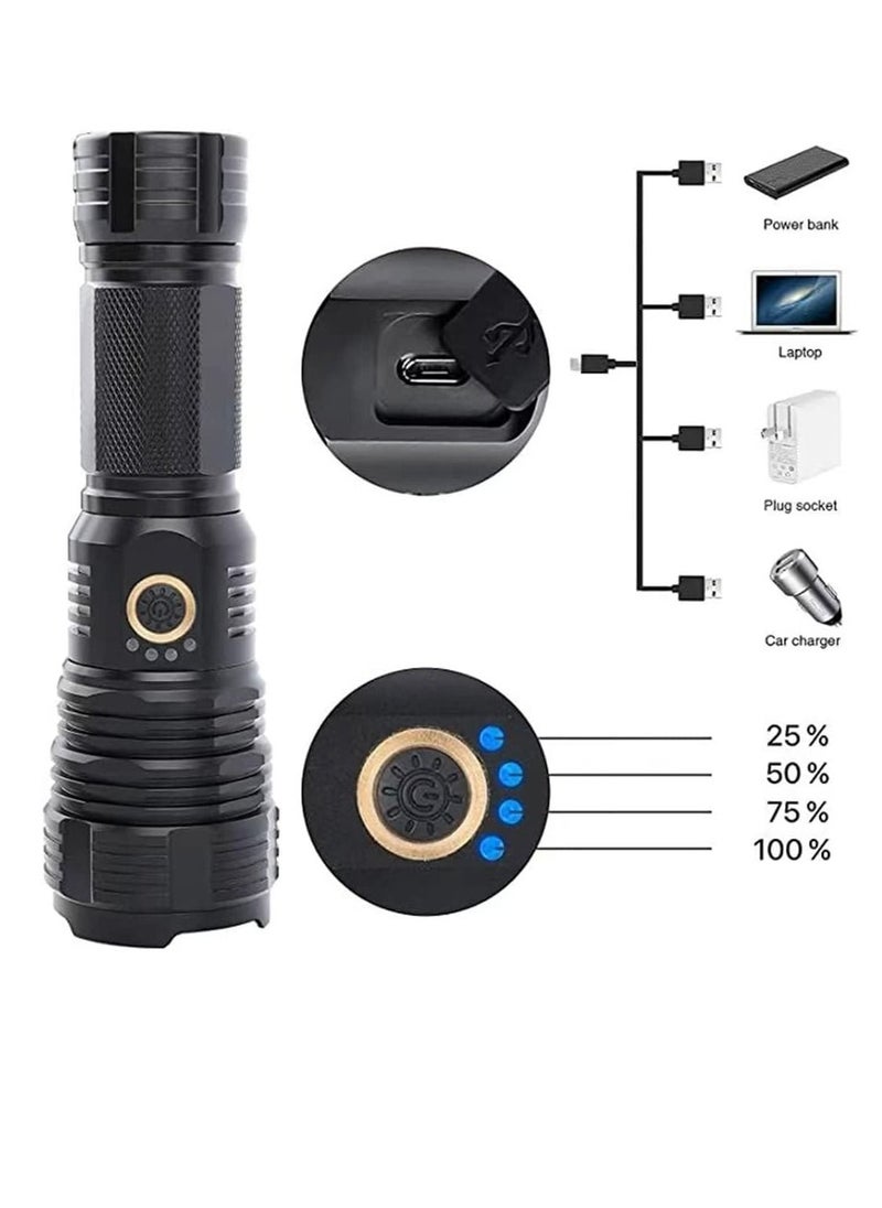 COOLBABY Rechargeable LED Torch High Lumen 90000 Lumen Super Bright Tactical Torch With 5 Light Modes And 26650 Battery Zoom Waterproof Torch With Zoom For Hiking Camping Ride Or Emergency (Black)