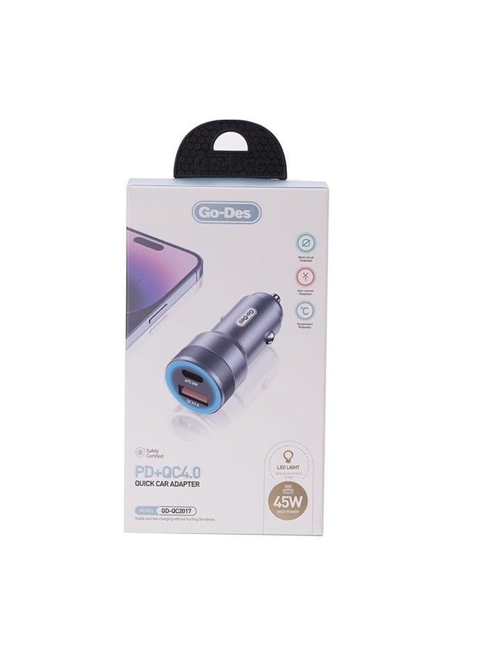 GO-DES Go Des GD-QC2017 45W USB + USB-C Car Charger Black - Image 2