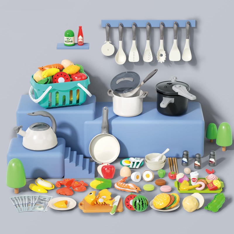 Funpynani 130Pcs Kitchen Playset, Toddler Pretend Cooking Play Pots, Pans, Utensils Cookware, Daily Food Fruit Veges, Shopping Storage Basket, Dessert, Prop Money, Learning Gift for Child (White) - Image 3
