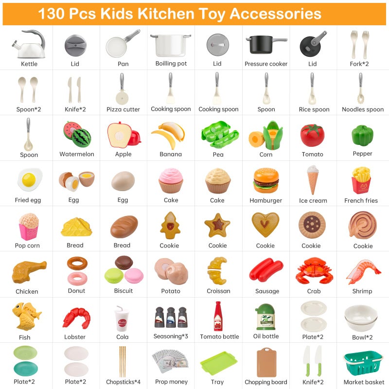 Funpynani 130Pcs Kitchen Playset, Toddler Pretend Cooking Play Pots, Pans, Utensils Cookware, Daily Food Fruit Veges, Shopping Storage Basket, Dessert, Prop Money, Learning Gift for Child (White) - Image 2