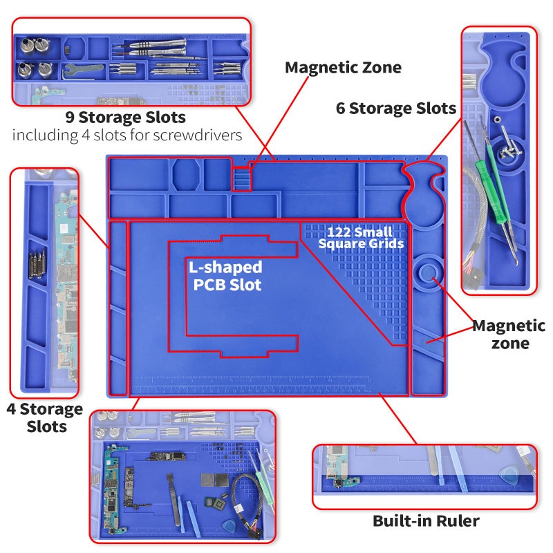 YIHUA M170 Heat-resistant Soldering Mat with Multiple Storage Slots, Built-in Ruler, Magnetic Zones, PCB Slot, Bendable Soft Silicone Soldering Mat, Dimensions 17.32*12.20*0.24 inches (440*310*6mm) - Image 2