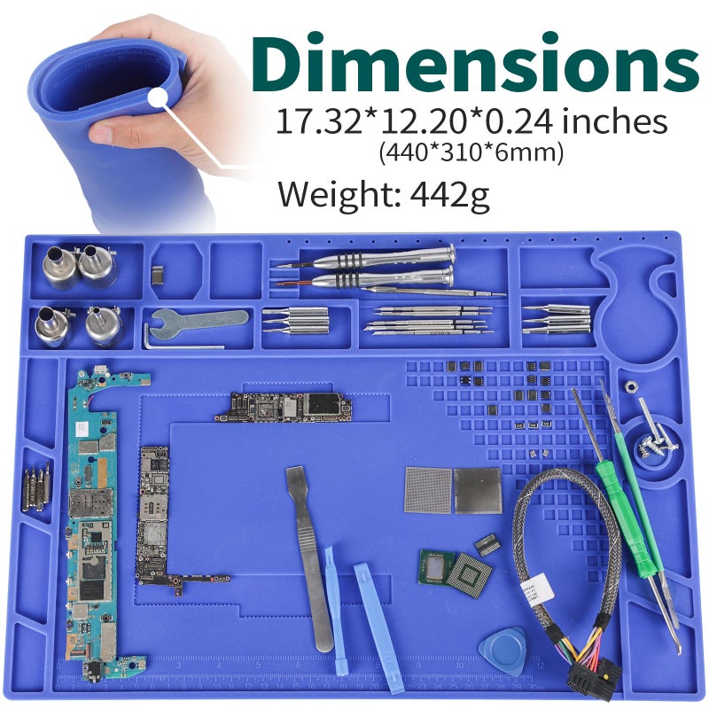 YIHUA M170 Heat-resistant Soldering Mat with Multiple Storage Slots, Built-in Ruler, Magnetic Zones, PCB Slot, Bendable Soft Silicone Soldering Mat, Dimensions 17.32*12.20*0.24 inches (440*310*6mm) - Image 3