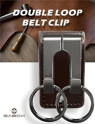 GABOX Belt Keychain Clip - Key Rings Holder - Belt Loop Key Clips - Keyring Keeper - Pocket Pants Key Hook - Cowhide Leather - Black Metal - Image 4