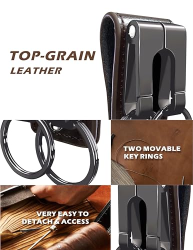 GABOX Belt Keychain Clip - Key Rings Holder - Belt Loop Key Clips - Keyring Keeper - Pocket Pants Key Hook - Cowhide Leather - Black Metal - Image 5