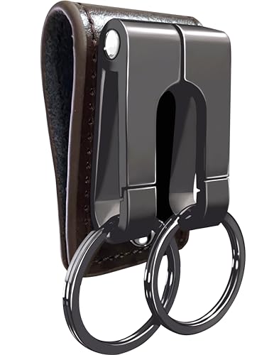 GABOX Belt Keychain Clip - Key Rings Holder - Belt Loop Key Clips - Keyring Keeper - Pocket Pants Key Hook - Cowhide Leather - Black Metal - Image 1