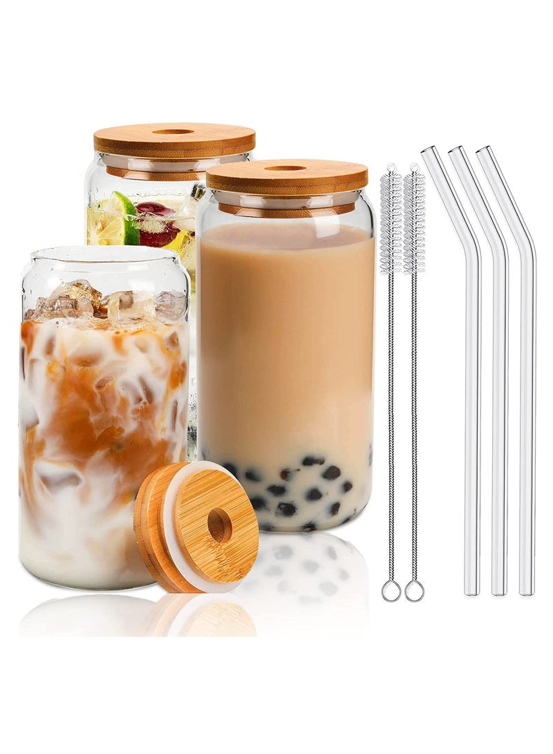 LEDIN Drinking Glasses Can Shaped with Bamboo Lids and Glass Straw 3pcs Set - 16oz (600ml) Coffee, Soda Glass, Beer Glasses, Iced Coffee Glasses, Cute Tumbler Cup, Heat-Resistant Drink Glass  - Image 1
