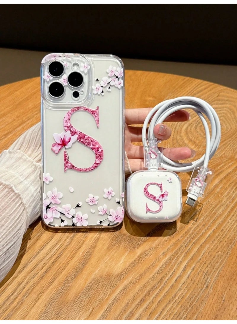 iPhone 16 Pro Max Case and Charger Cover – 4-Piece Set Protective charger case and phone case adorned with pink floral designs and an initial letter, adding a feminine and modern touch. - Image 1